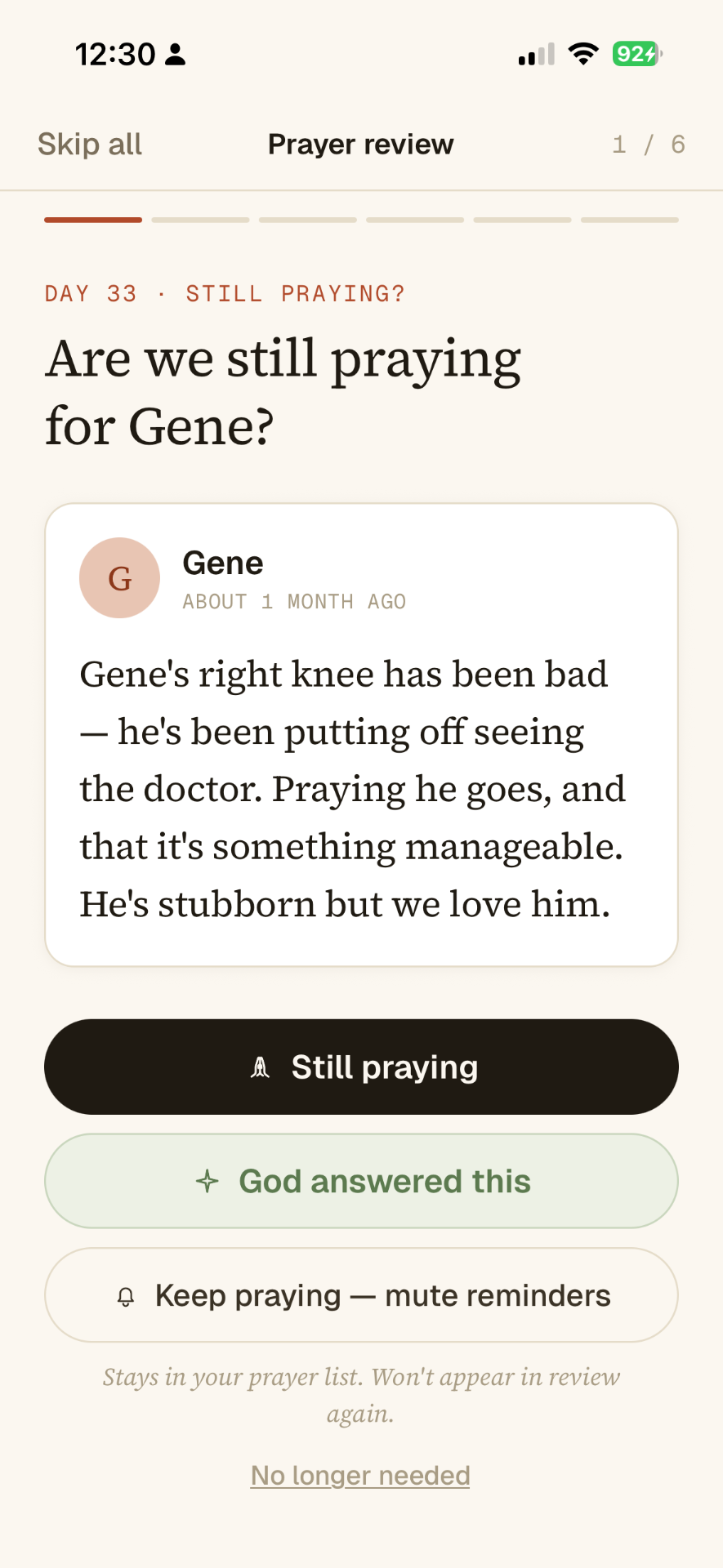 Prayer review screen checking in on an ongoing prayer for Gene